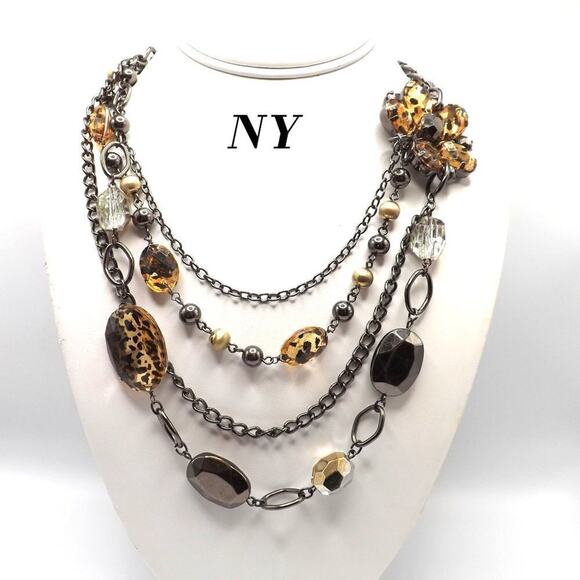 New York & Co. Multistrand Necklace, Animal Print Beads Side Floral Pendant, 20" - Picture 1 of 11